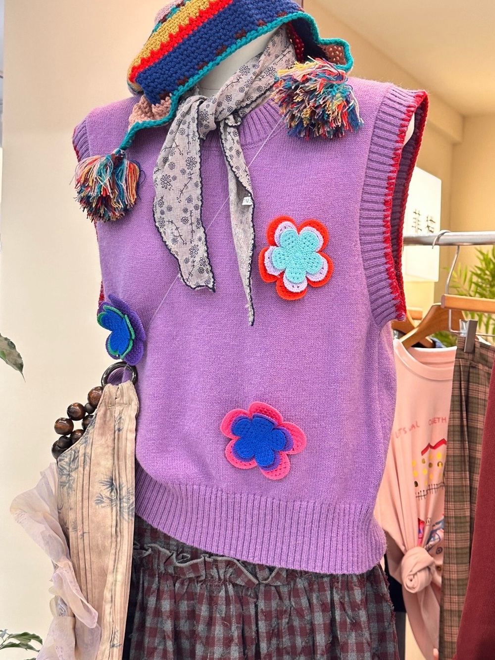 Women Lavender Knit Flower Vest Top
